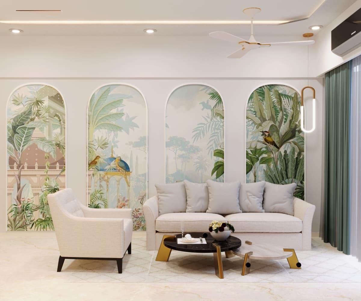 3D render of a living room with arched botanical murals